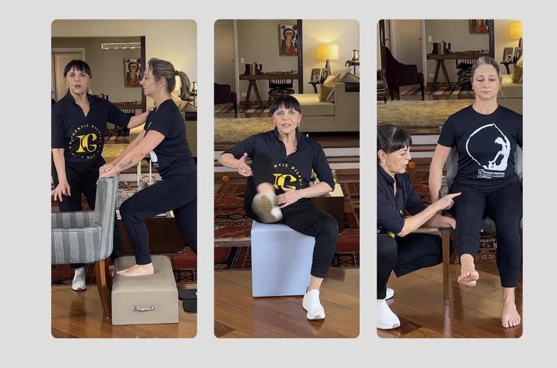 Inelia Garcia leading Pre-Pilates for Seniors exercises: climbing a step with support, seated mobility, and balance work with chair support